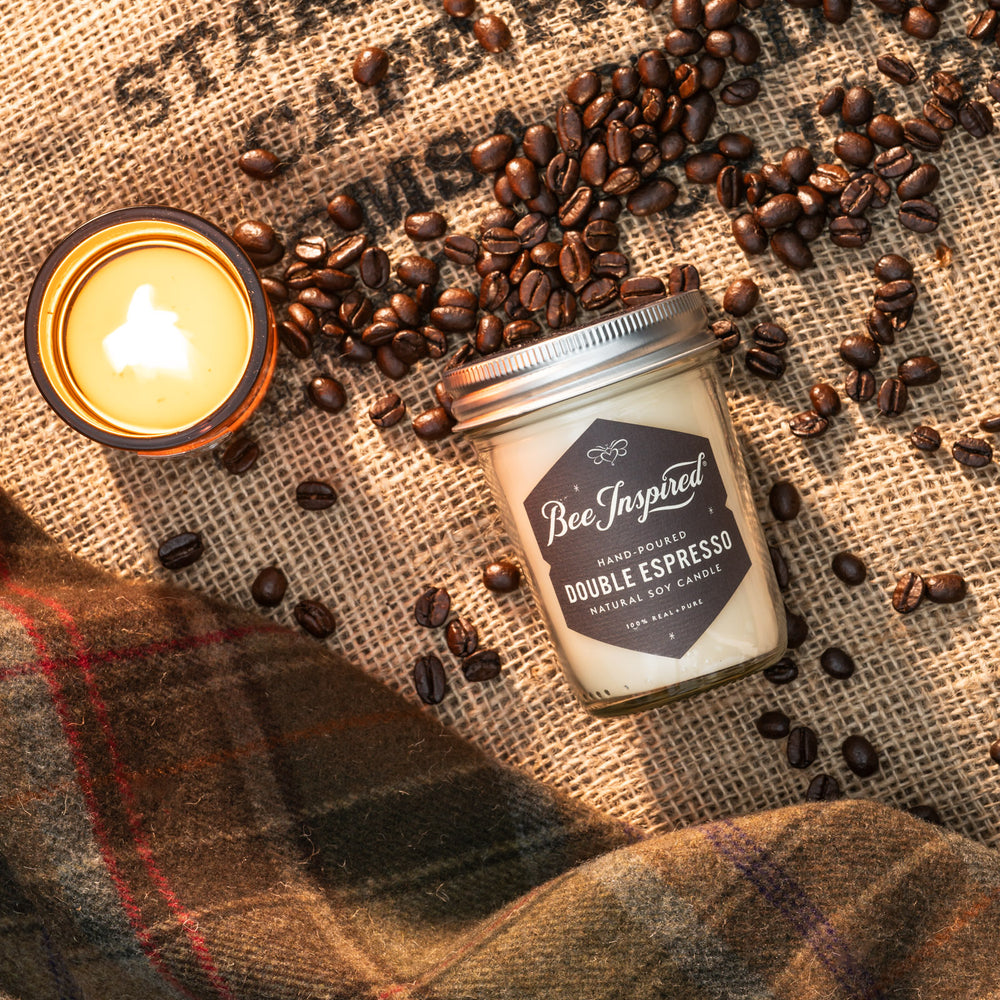 Double Espresso jelly jar candle flat lay with espresso beans 