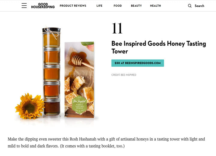 Image of Good Housekeeping article featuring Bee Inspired Honey Tasting Tower for Rosh Hashanah