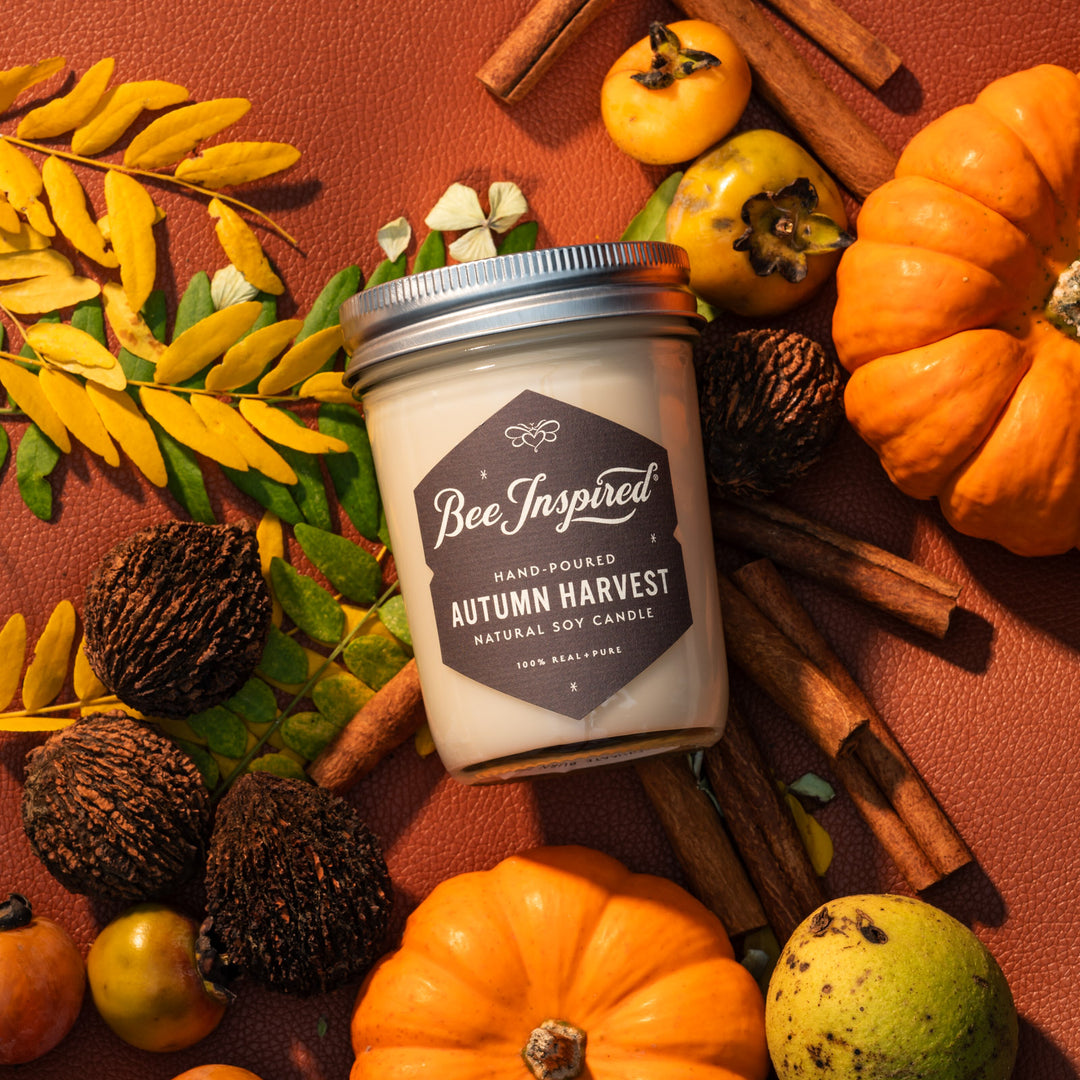 Autumn Harvest jelly jar candle flat lay on fall decorations 