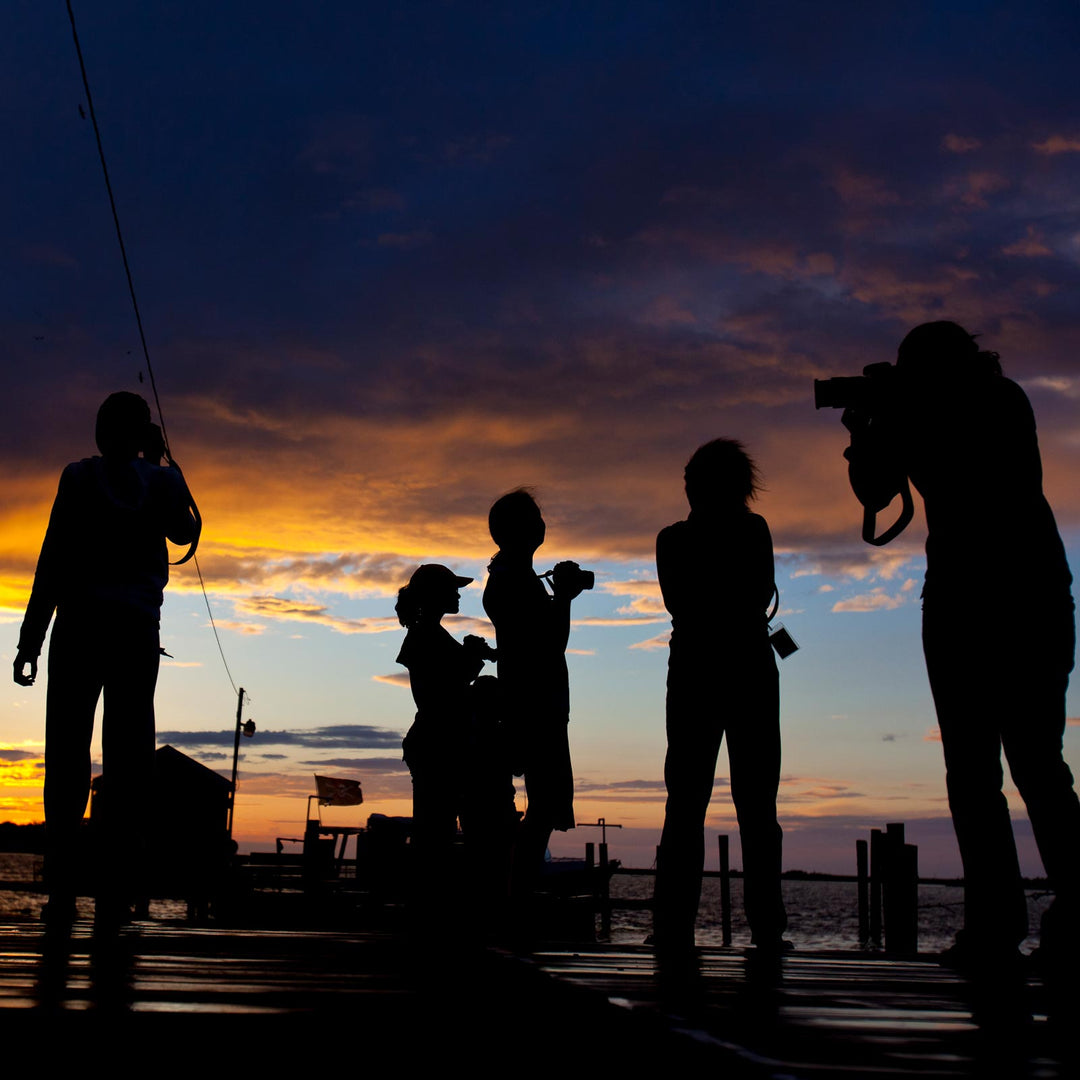 Silhouettes of people on a pier taking pictures of the ocean 