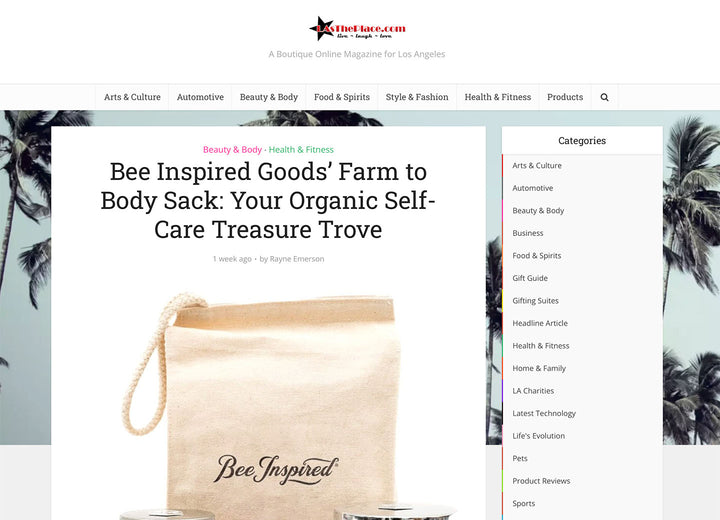 Image of LA's The Place article featuring Bee Inspired Farm to Body sack for self-care 