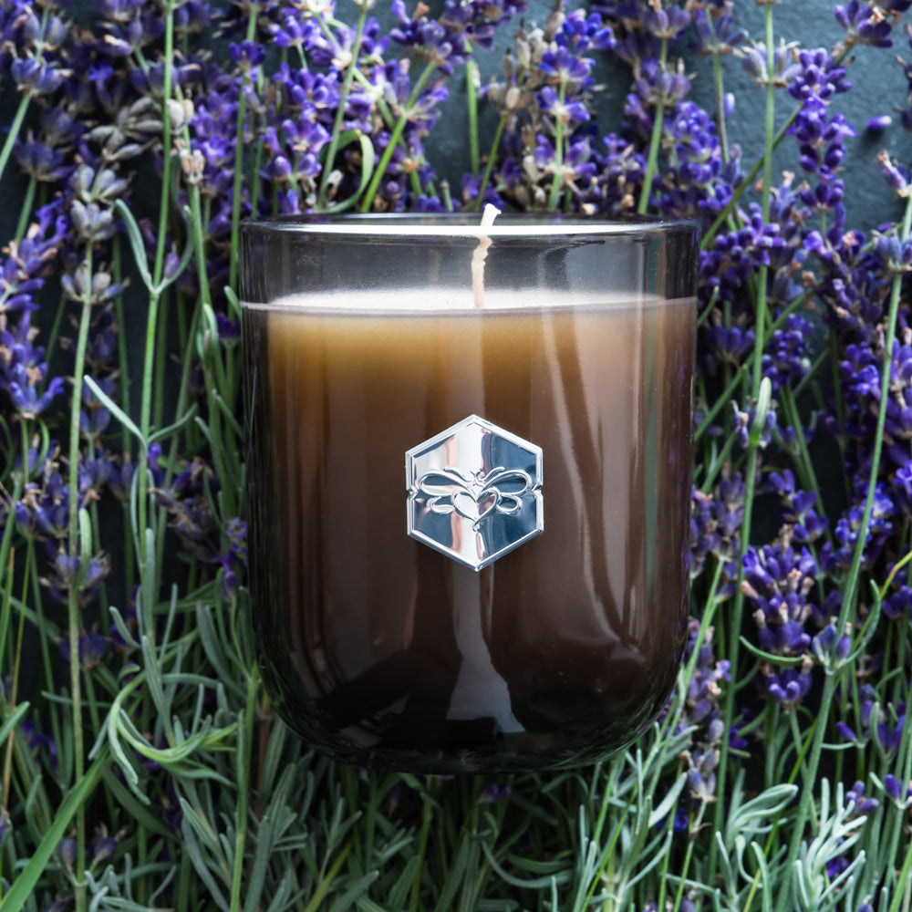 lavender luxe candle on fresh lavender