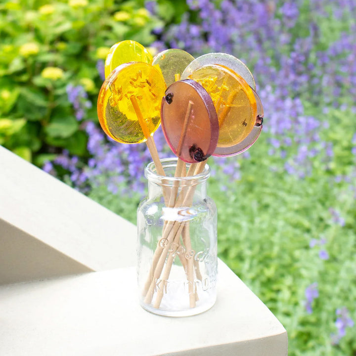 bouquet of assorted lollipops in front of lavender field 