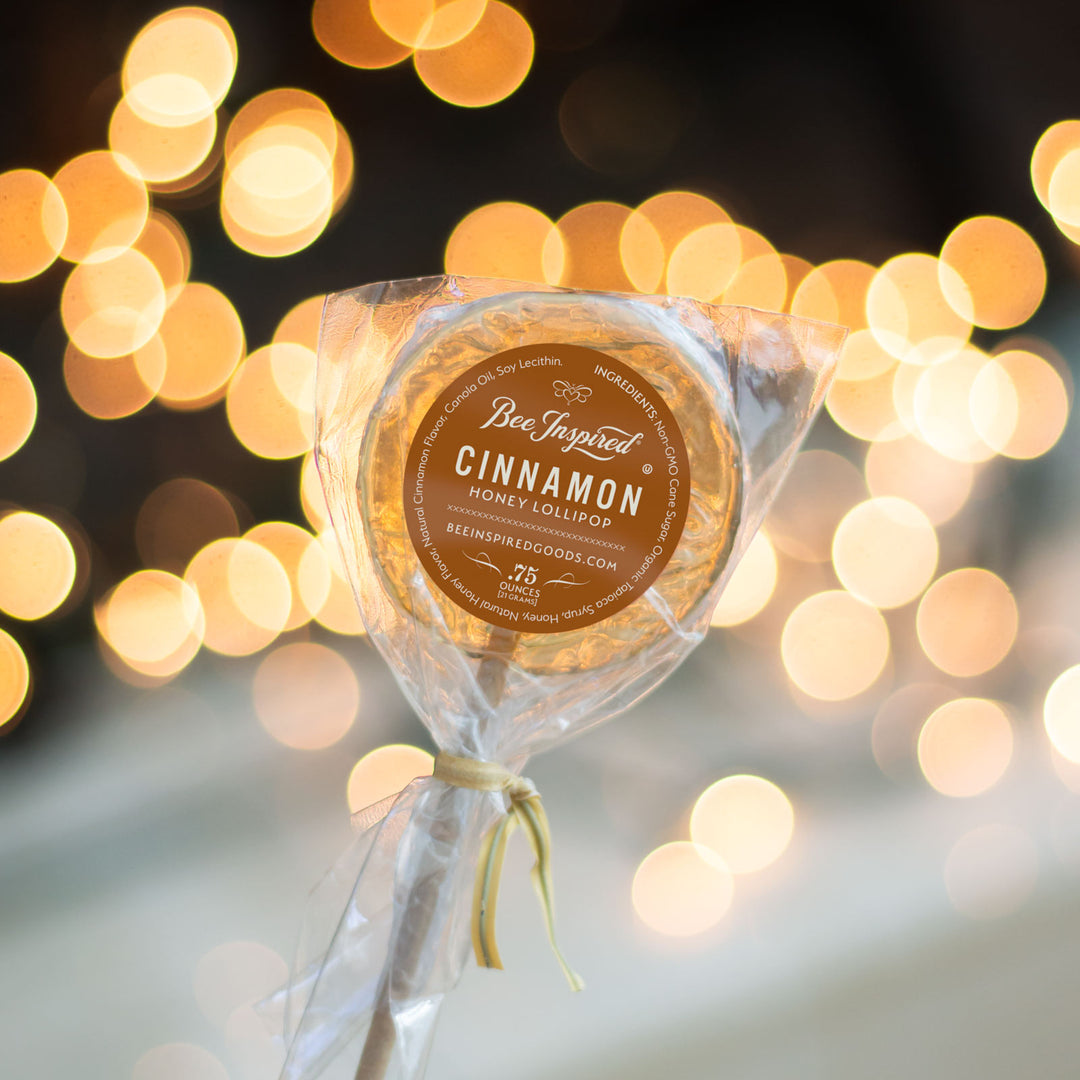 cinnamon lollipop with holiday lights