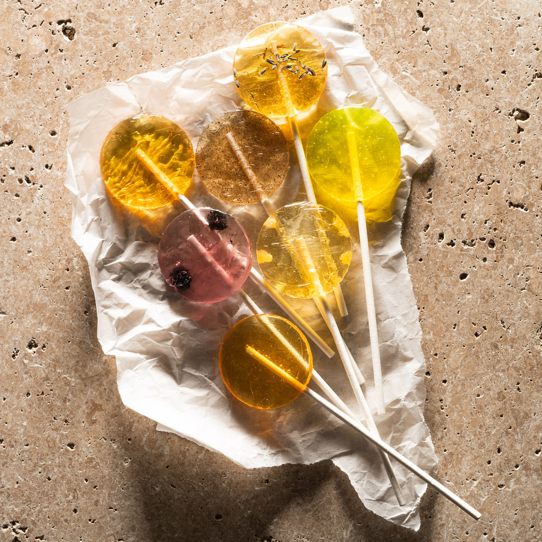 Bouquet of assorted lollipops flat lay 