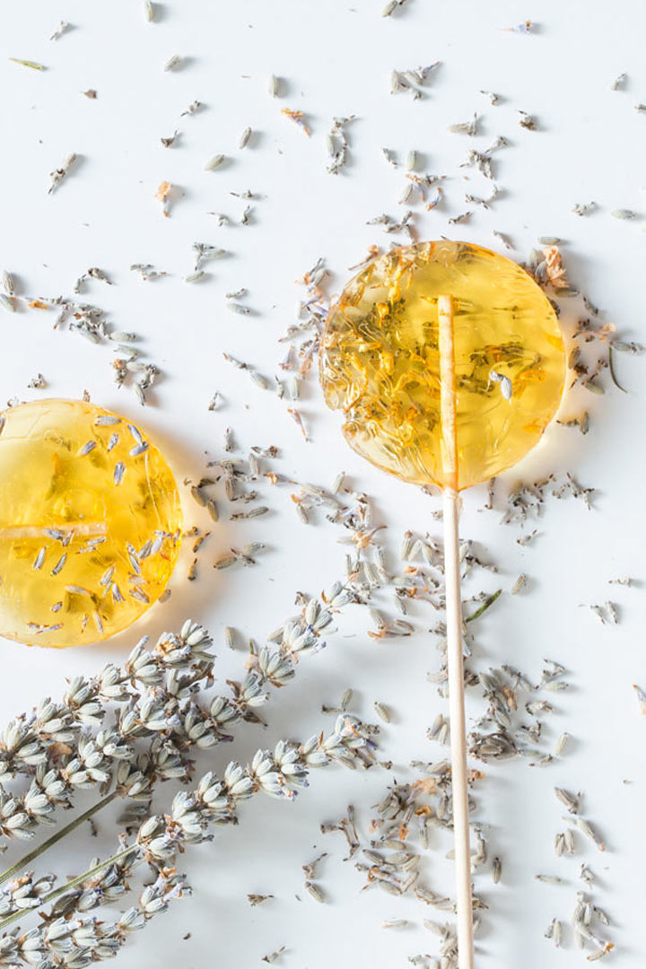 lavender honey lollipops with lavender buds