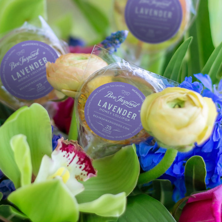 Lavender lollipops displayed in flower bouquet 