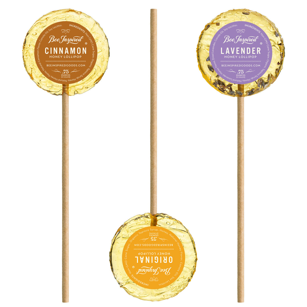 cinnamon, honey, and lavender lollipops on white