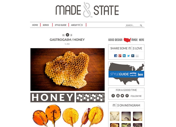 Screenshot of Made & State article with pictures of raw honeycomb and Bee Inspired honey lollipops 