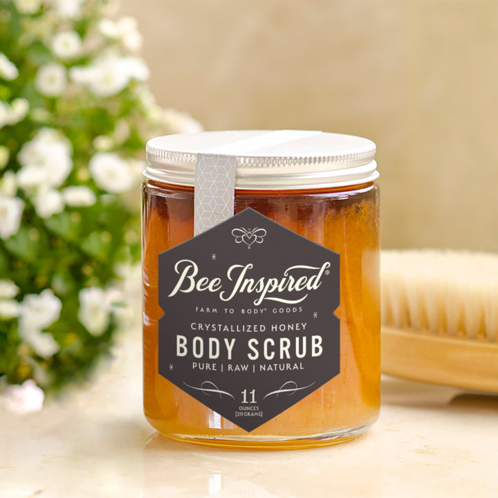 original honey body scrub from bee inspired honey retail store in owings mills on a bathroom counter