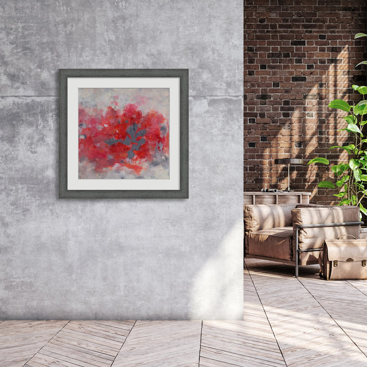 Outdoor lounge with grey and red painting on the wall 