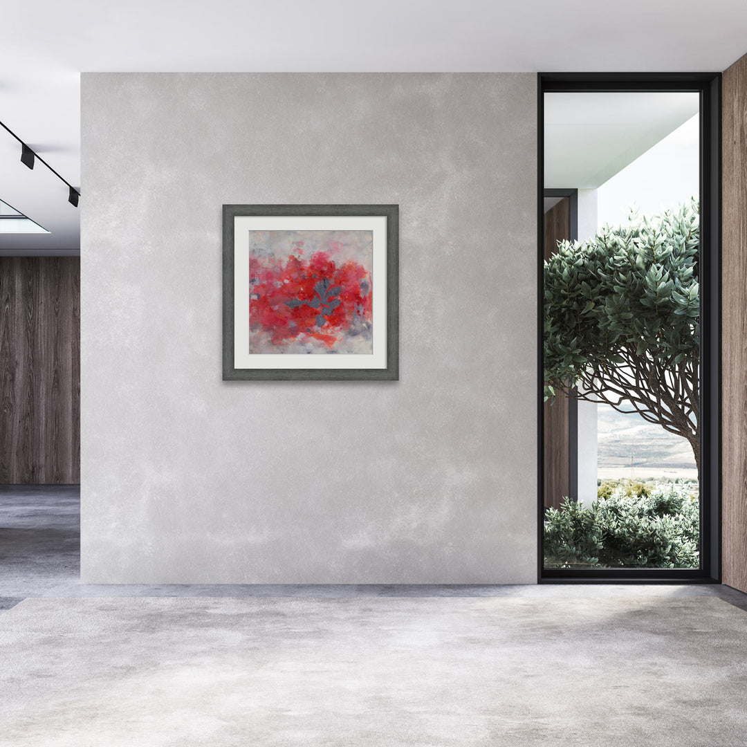 Living room with grey and red painting on the wall 