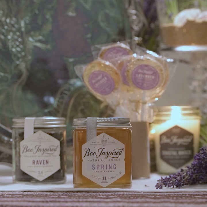 spring honey, raven tea, lavender lollipops, and coastal breeze candle