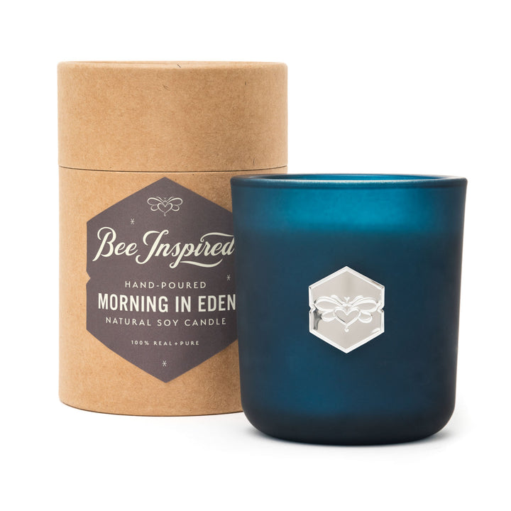 Morning in Eden signature candle on white 