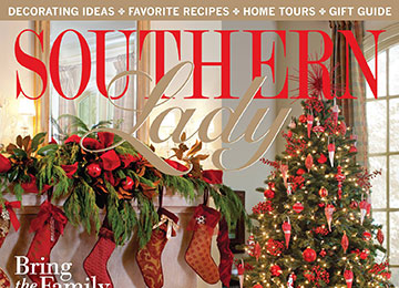 Cover of Southern Lady magazine with a decorated Christmas tree and stockings on the fireplace 