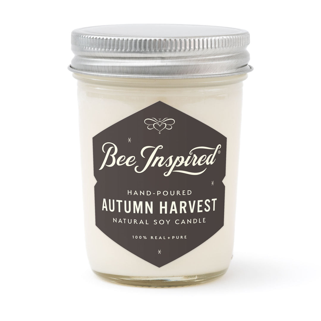 Autumn Harvest jelly jar candle on white 