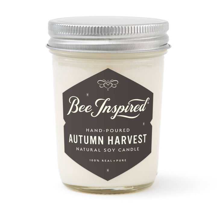 Autumn Harvest jelly jar candle on white 