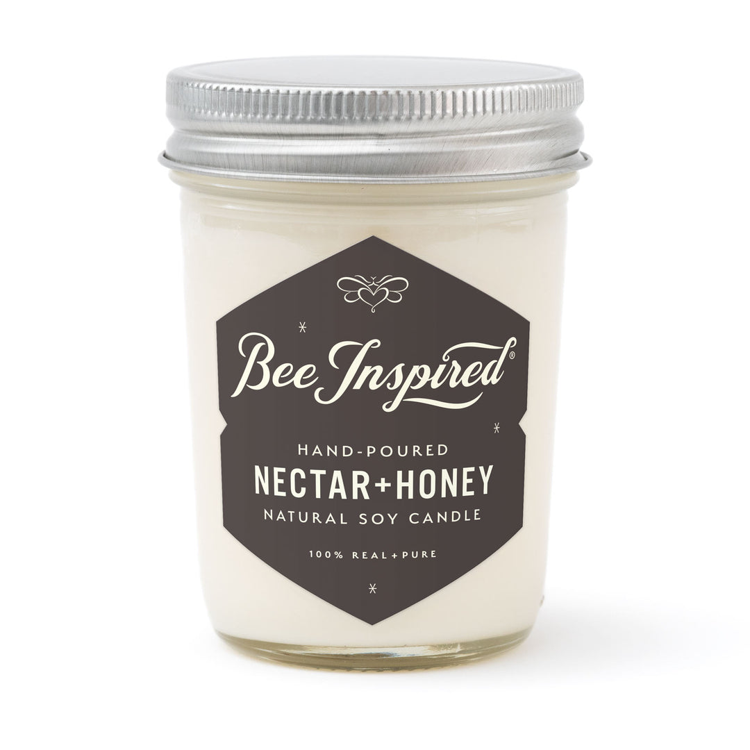 Nectar and Honey jelly jar candle on white 