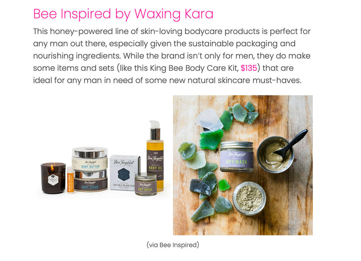 Image of Sweety High article featuring Bee Inspired King Bee body care kit with close-up of Sea+Tea mask 