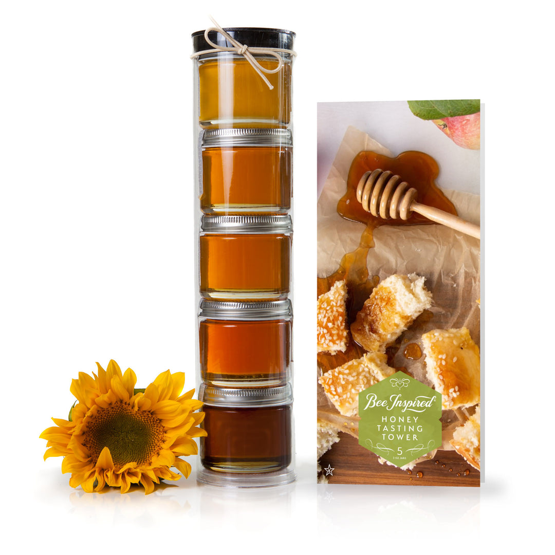 Honey Tasting Tower and sunflower on white 