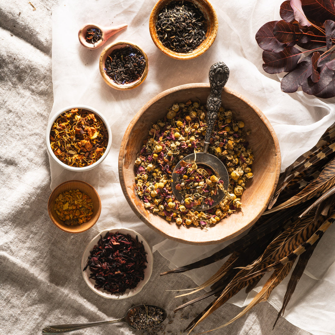 Bowls of assorted loose-leaf teas 