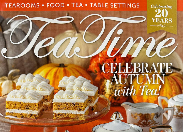 Image of Tea Time magazine cover with pumpkins, cake, and tea 