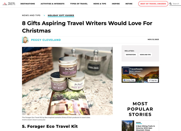 Image of a Travel Awaits article featuring the Bee Inspired Forager Eco travel kit under the headline "8 Gifts Aspiring Writers Would Love for Christmas" 