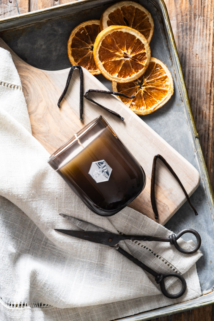 Vanilla+Citrus luxe candle flat lay with vanilla bean and dried orange slices 