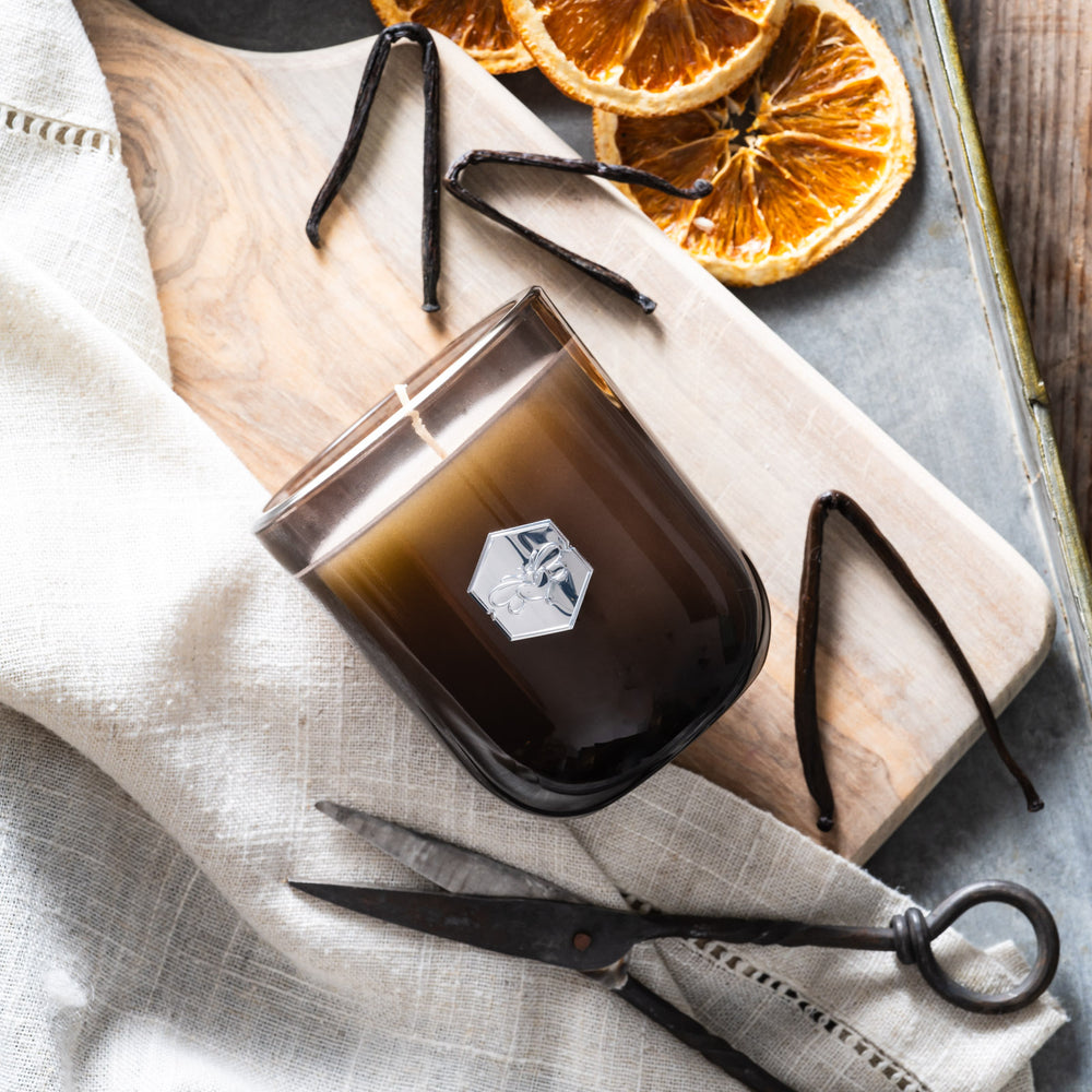 Vanilla+Citrus luxe candle flat lay with vanilla bean and dried orange slices 