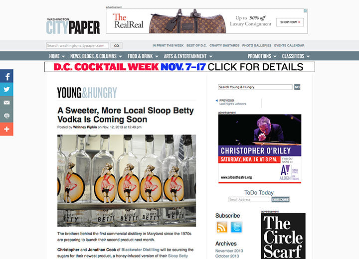 Screenshot of Washington City Paper with headline "A Sweeter, More Local Sloop Betty Vodka is Coming Soon" 