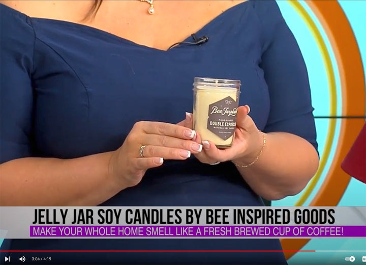 Image of YouTube video featuring Bee Inspired Double Espresso jelly jar candle 